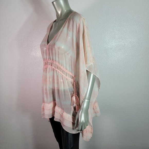 Lane Bryant Top Plus Size 14/16 V-Neck Ruffle Tassel Batwing Sleeve Sheer Pink - Picture 3 of 6